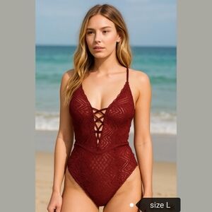 VINTAGE 90s burgundy bodysuit lace mesh size L